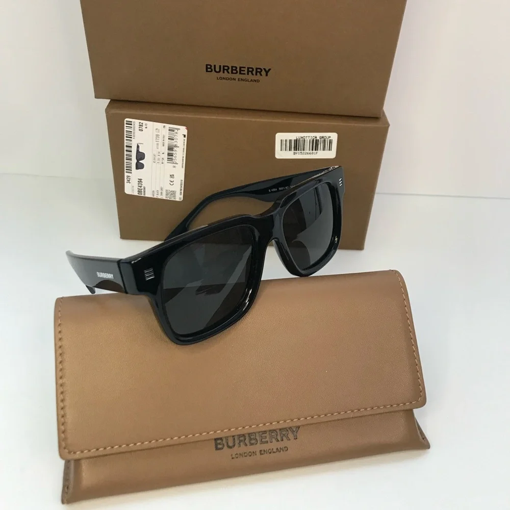 New - BURBERRY Hayden BE4394 square sunglass black frame with dark grey lenses.